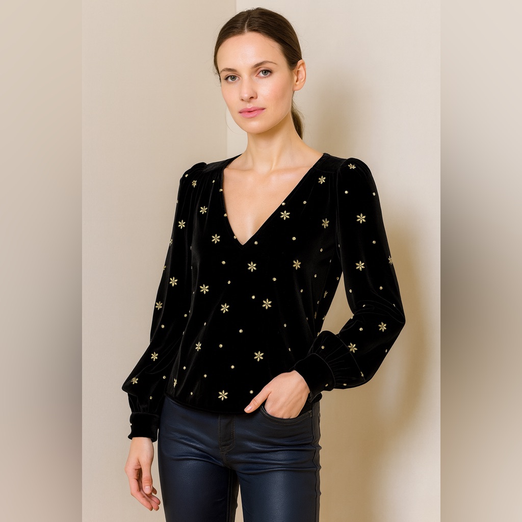 Szane Galeo Velvet Blouse Flower And Polka Dot Gold Embroidery Fr 36 / Us 4